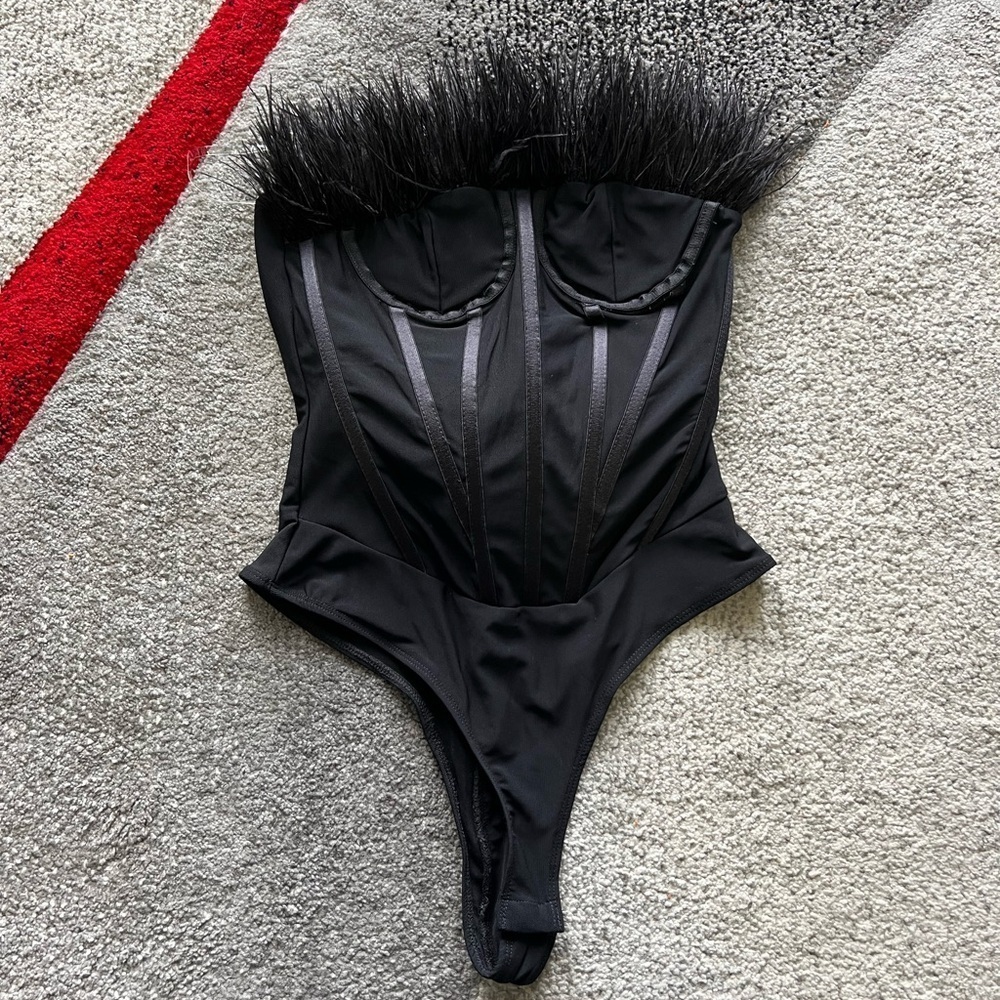 Miss Lola Black Feathered Corset Bodysuit